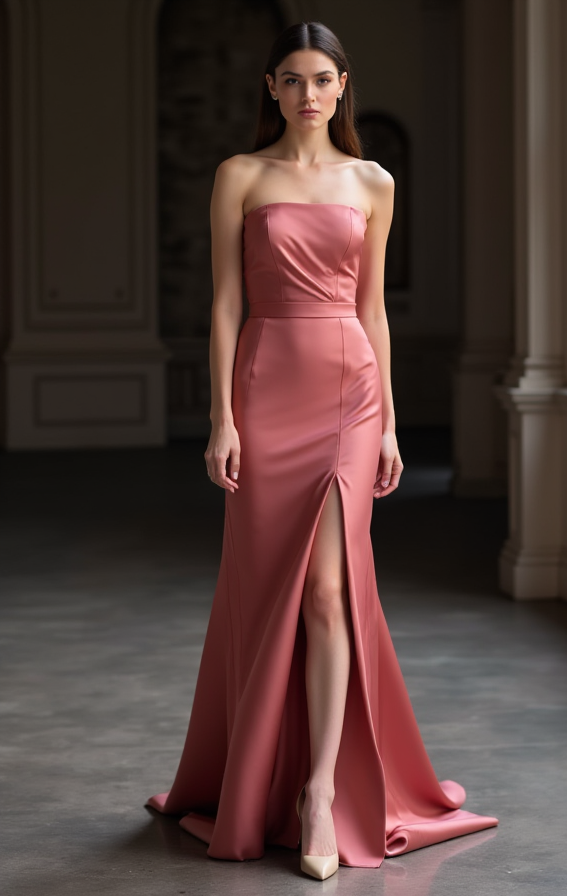 Elegant Pink Evening Dress & Prom Dress with Beaded Straps and Flowing Skirt New pink Satin