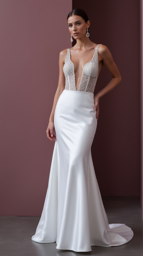 Elegant Mermaid Wedding Dress with Lace Details for a Timeless Look backless mesh New Satin