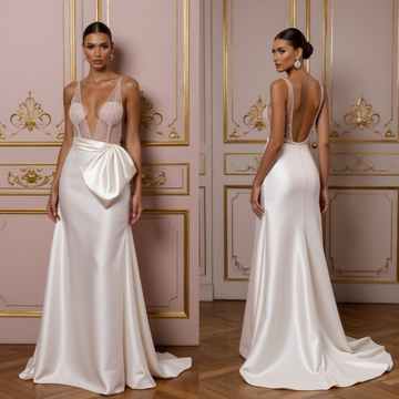 Flowy A-Line Wedding Dress for Outdoor and Beach Weddings backless mesh New Satin