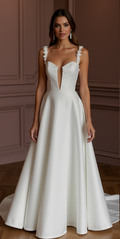 A-Line Wedding Dress with Illusion Sleeves for a Modern Touch backless mesh New Satin