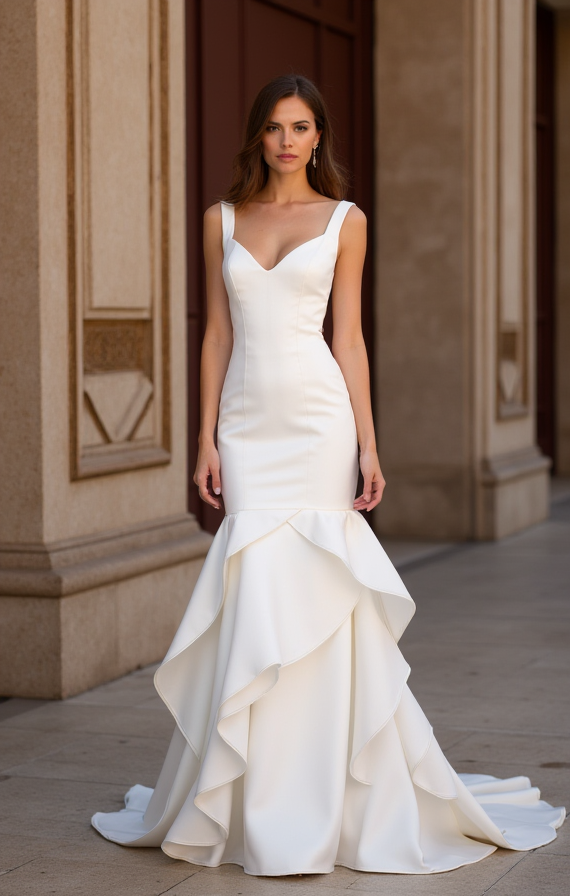 Dramatic White Mermaid Wedding Dress with Floral Lace Appliqué for a Chic Style backless New Satin white