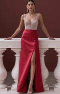 Glamorous Prom Dress and Evening Gown with a Beaded Waistline for Extra Elegance backless New Satin split