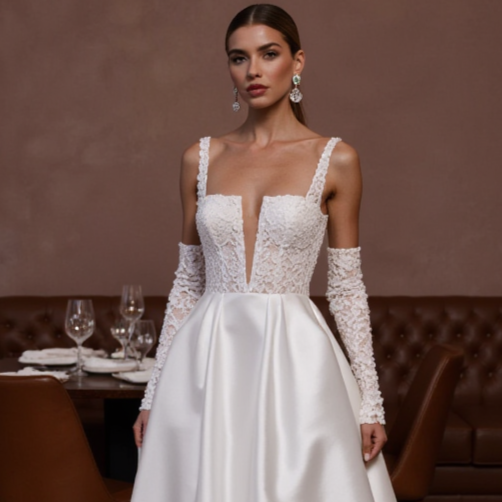 Elegant A-Line Gown with a Beaded Bodice for a Sparkling Bridal Look backless embroidery New Satin split