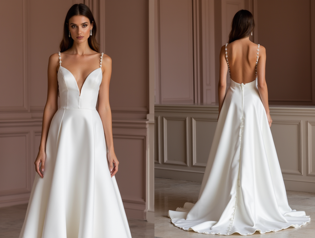 A-Line White Wedding Dress with Subtle Pleats for a Delicate Bridal Look backless New Satin white