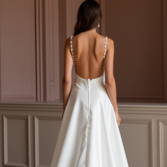 A-Line White Wedding Dress with Subtle Pleats for a Delicate Bridal Look backless New Satin white