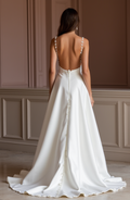 A-Line White Wedding Dress with Subtle Pleats for a Delicate Bridal Look backless New Satin white
