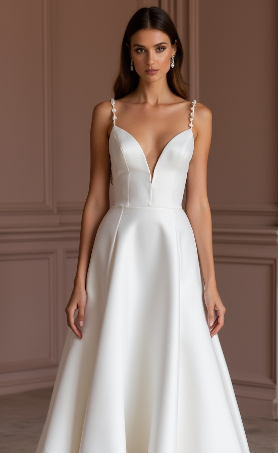 A-Line White Wedding Dress with Subtle Pleats for a Delicate Bridal Look backless New Satin white