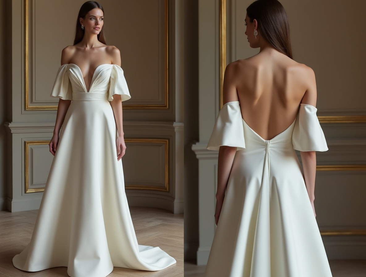 Elegant White A-Line Gown with Off-the-Shoulder Sleeves for a Romantic Touch backless New Satin white