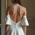 Elegant White A-Line Gown with Off-the-Shoulder Sleeves for a Romantic Touch backless New Satin white