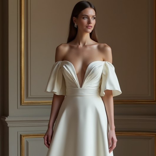 Elegant White A-Line Gown with Off-the-Shoulder Sleeves for a Romantic Touch backless New Satin white