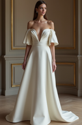 Elegant White A-Line Gown with Off-the-Shoulder Sleeves for a Romantic Touch backless New Satin white