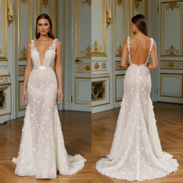 Elegant A-Line Gown with Floral Appliqués for a Feminine Look backless mesh New Satin