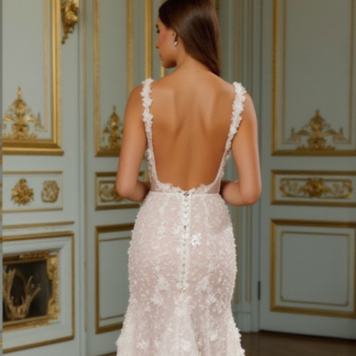 Elegant A-Line Gown with Floral Appliqués for a Feminine Look backless mesh New Satin