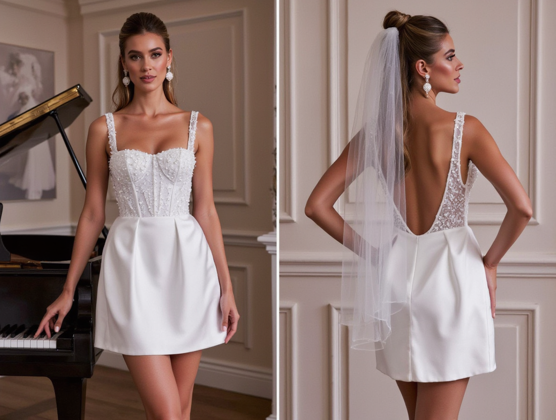 Elegant Short Wedding Dress and Mini Dress with a Fitted Bodice for a Sleek Look backless mesh New Satin Short Wedding Dress silk