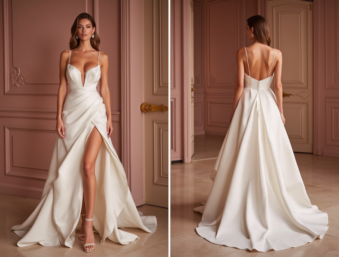 A-Line Wedding Dress for Garden Weddings with Floral Embellishments backless New Satin split