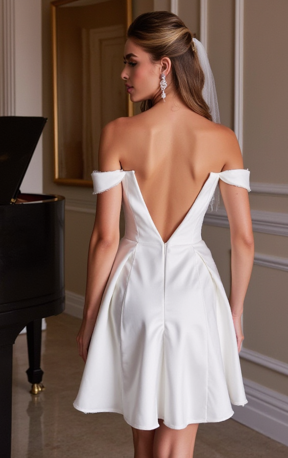 Stylish Short Wedding Dress and Mini Dress with Off-the-Shoulder Sleeves backless New Satin Short Wedding Dress silk