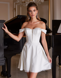 Stylish Short Wedding Dress and Mini Dress with Off-the-Shoulder Sleeves backless New Satin Short Wedding Dress silk