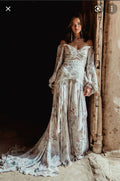 Bohemian Floral Print Appliques Lace A-Line Wedding Dresses Off The Shoulder Long Sleeve Bridal Gowns Vestidos De Novia