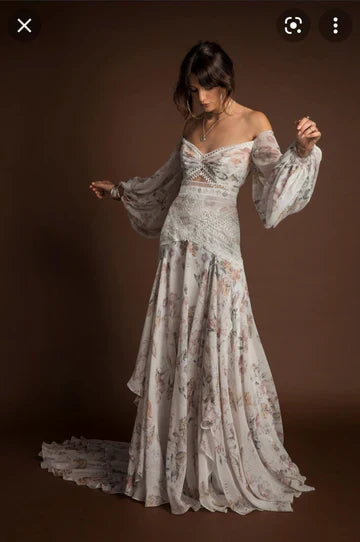 Bohemian Floral Print Appliques Lace A-Line Wedding Dresses Off The Shoulder Long Sleeve Bridal Gowns Vestidos De Novia