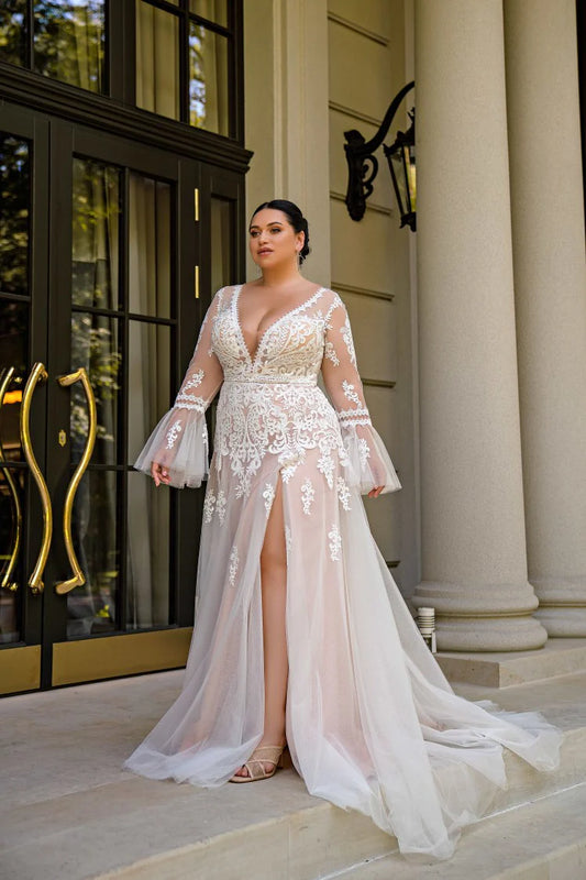 Vestido De Novia bohemio De talla grande, manga larga, ilusión, apliques en la espalda, vestidos De Novia transparentes, Vestido De Novia 