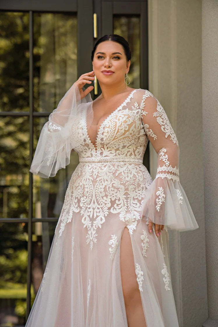 Boho Plus Size Wedding Dress Lengan Panjang Illusion Back Applique A-Line Bride Gowns Lihat melalui Vestido de Novia