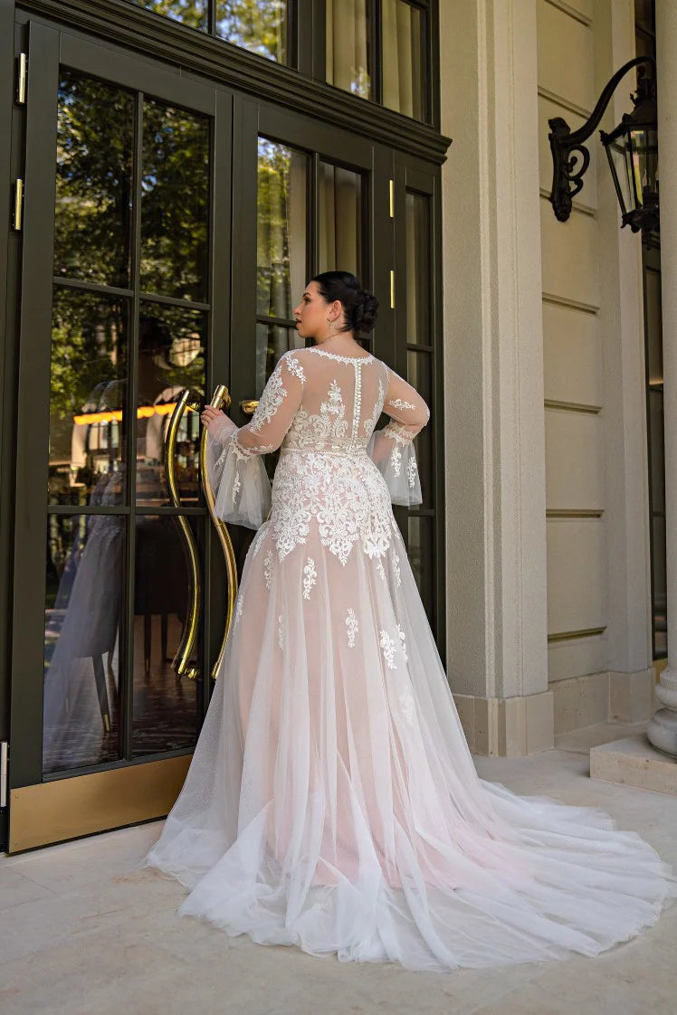 Vestido De Novia bohemio De talla grande, manga larga, ilusión, apliques en la espalda, vestidos De Novia transparentes, Vestido De Novia 