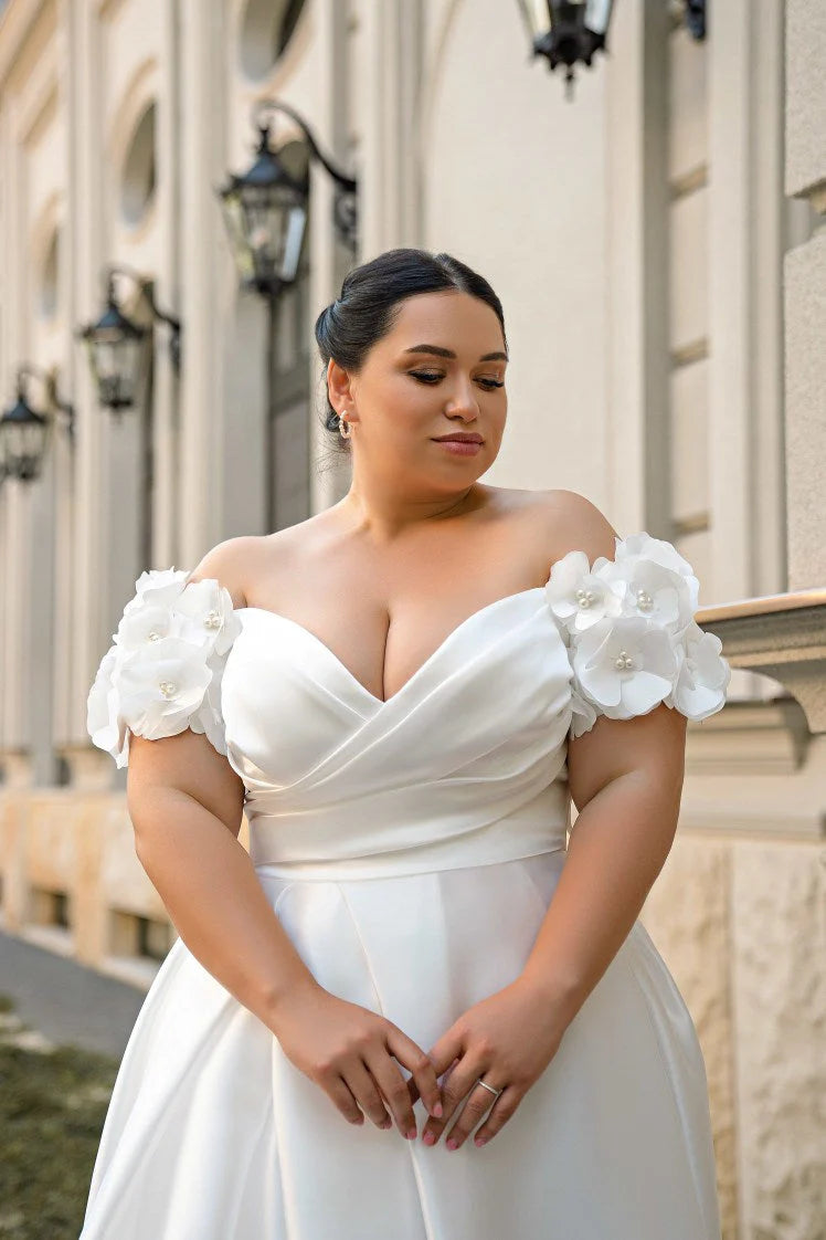 Vestidos de novia de talla grande vestido de novia de mujer grande con hombros descubiertos cuello en V perlas flor satén una línea vestido de novia con corsé 