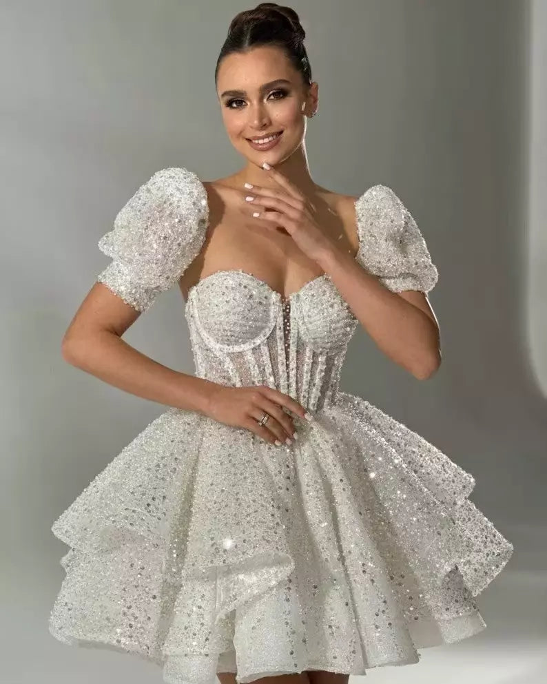 Qanz-vestidos de novia cortos con cuentas y lentejuelas, mangas abullonadas, vestidos de fiesta de princesa con forma de corazón, vestido elegante de lujo para mujer