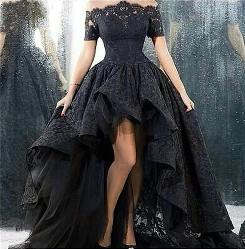 Wedding Dress Short Front Long Back Strapless A-line Floor Length Black Lace Wedding Gown