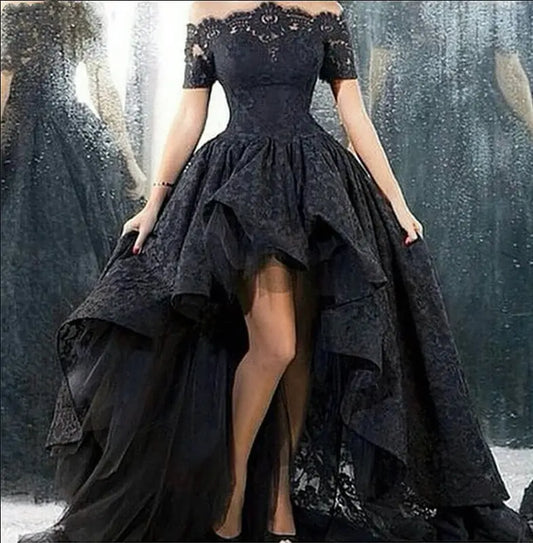 Vestido de noiva dianteira curta longa traseira longa alça A-line comprimento de piso vestido de noiva preto de renda