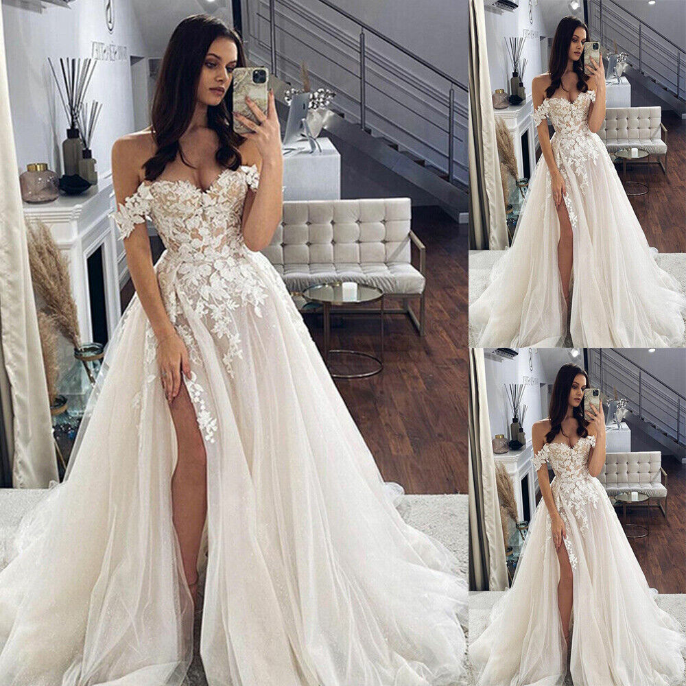 Sexy Ladies Off Shoulder Lace Appliqué Beach Wedding Dress Boho Side High Slit Bridal Gowns Sleeveless Robe De Mariée Noiva