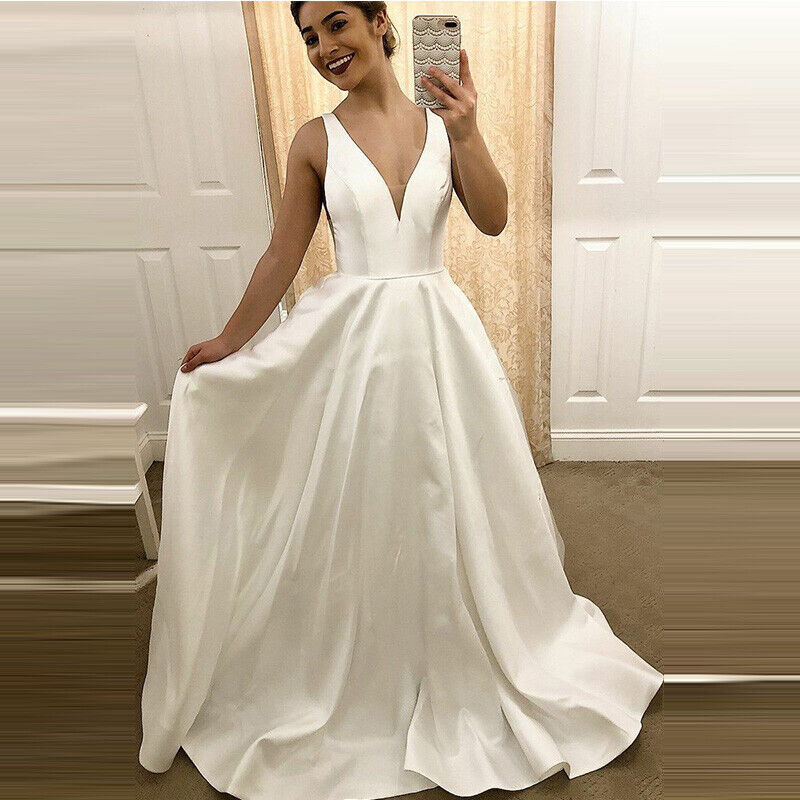 Vestido de novia de talla grande satinado elegante una línea hasta el suelo vestidos de novia sin espalda