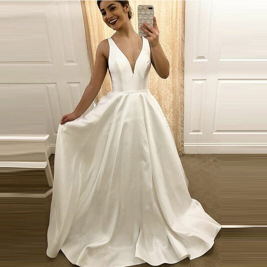 Robe de mariée grande taille en Satin élégante, ligne A, longueur au sol, dos nu, robes de mariée