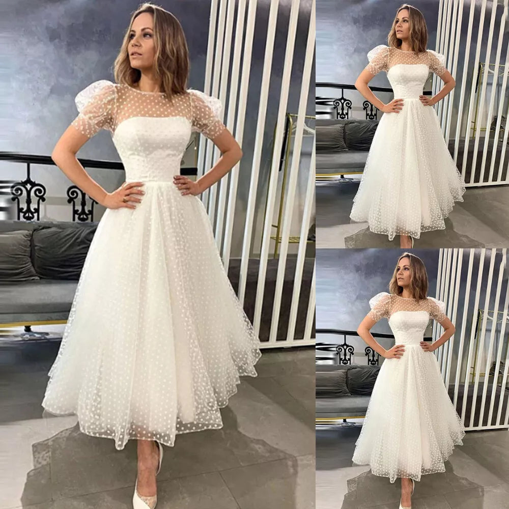 Simple Short A Line Wedding Dress Scoop Neck Short Puffy Sleeve Elegant Bridal Gown Ankle Length Vestidos de Novia Plus Ukuran