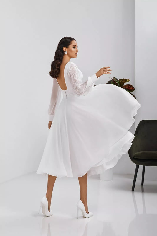 Abiti da sposa corti a maniche lunghe vintage in raso una linea Short Robe de Mariee su misura per il tè Counrty Wedding Brida