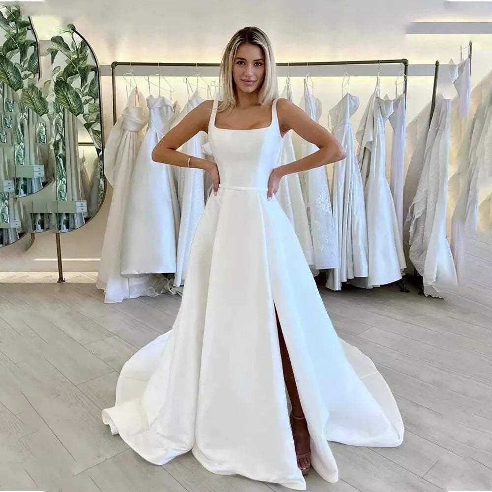 Sederhana Gaun Pengantin Gaun Spaghetti Tali Kerah Square Satin Backless Side Side Slit Gaun Pengantin Vestidos de Novia Custom Dibuat