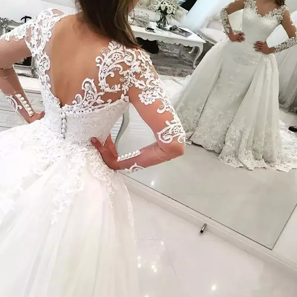 Vestido de Noiva Lace Mermaid Wedding Dress dengan skirt yang boleh dilepaskan Backless Lengan Panjang Pengantin Perkahwinan