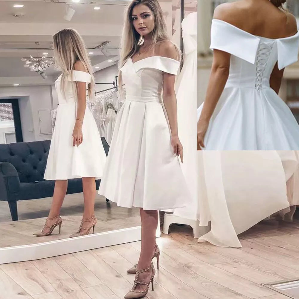 Summer Off Shoulder Short Wedding Dress Simple Knee Length Satin New Arrival Bride Dresses White Bridal Gowns