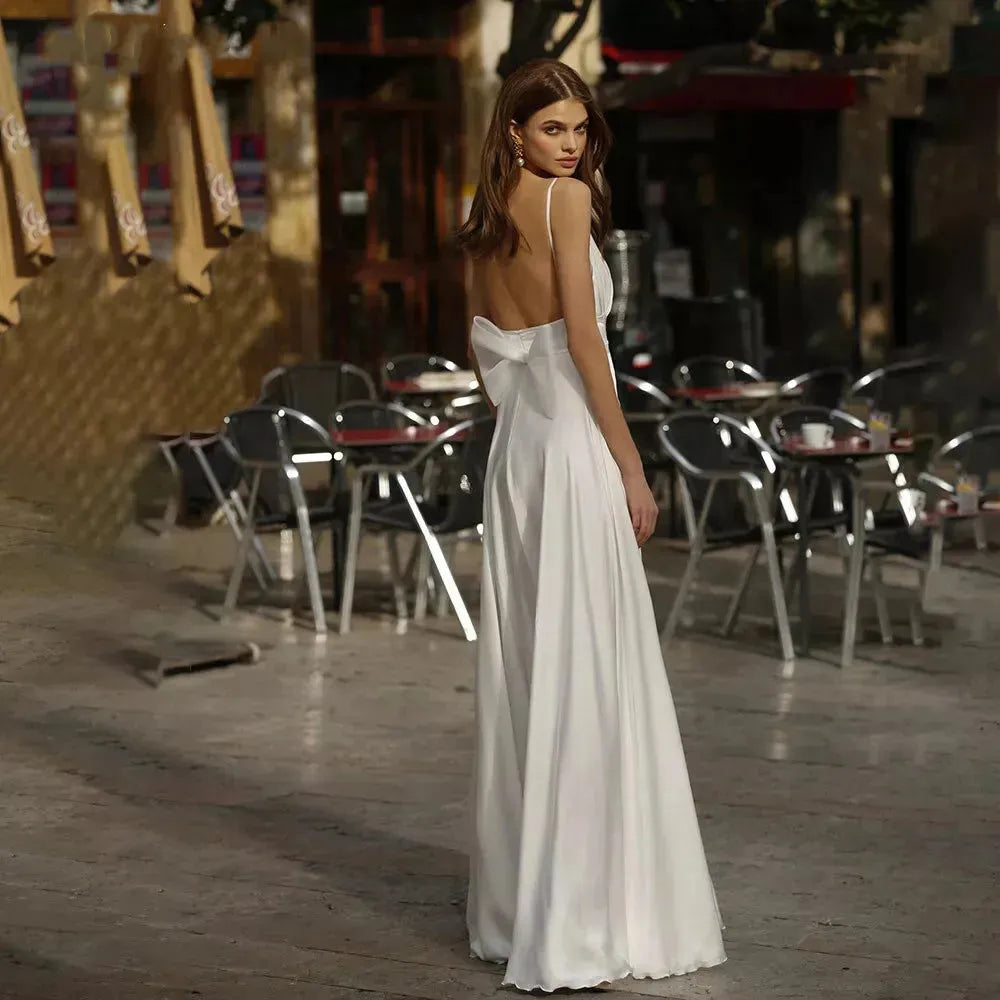SOL High Leg Split Satin A Line Wedding Bridal Gowns Sexy Floor-Length Spaghetti Straps Low V Neck Backless Bow Bride Dress 20w