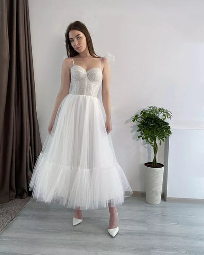 Vestidos cortos brillantes para fiesta de boda, vestidos de novia de tul fruncidos con tirantes finos y escote en forma de corazón, vestido de noche para mujer