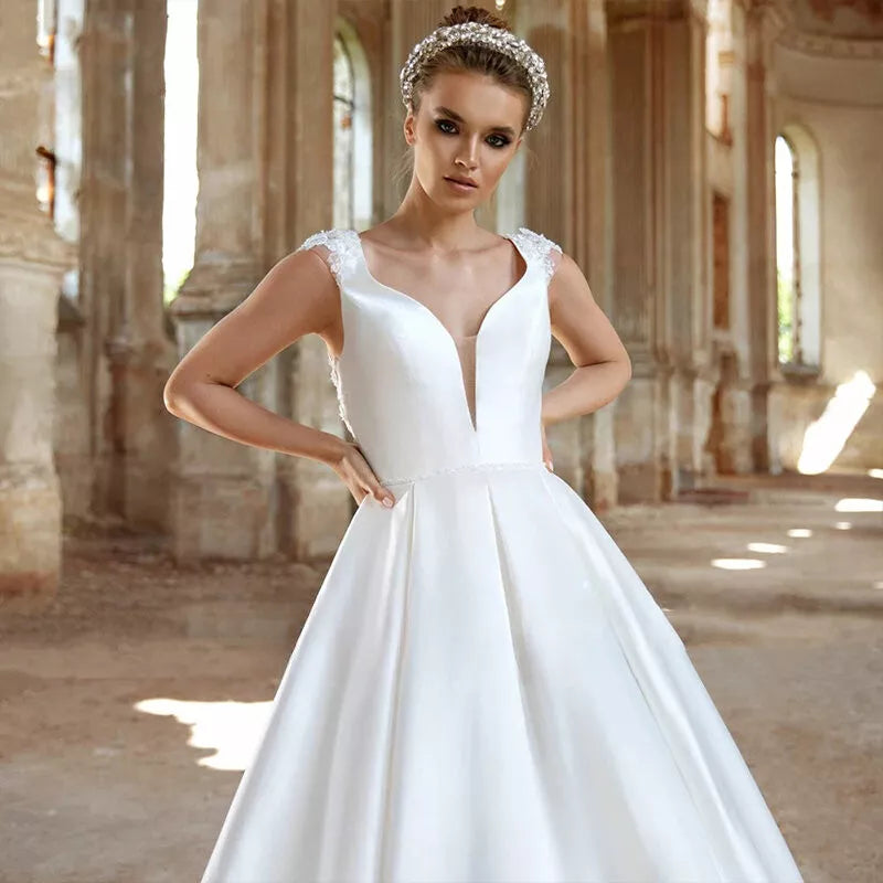 Satin Wedding Dress New Arrival Cap Sleeve V Neck Beading Belt Illusion Back A Line Vestido de novia Bridal Dresses