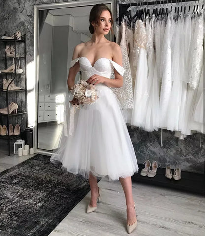 Kurzes Hochzeitskleid Schatz knielange weiße Organza -Punkt -Brautkleid Robe de Mariee Einfacher Strand ziviler Satin