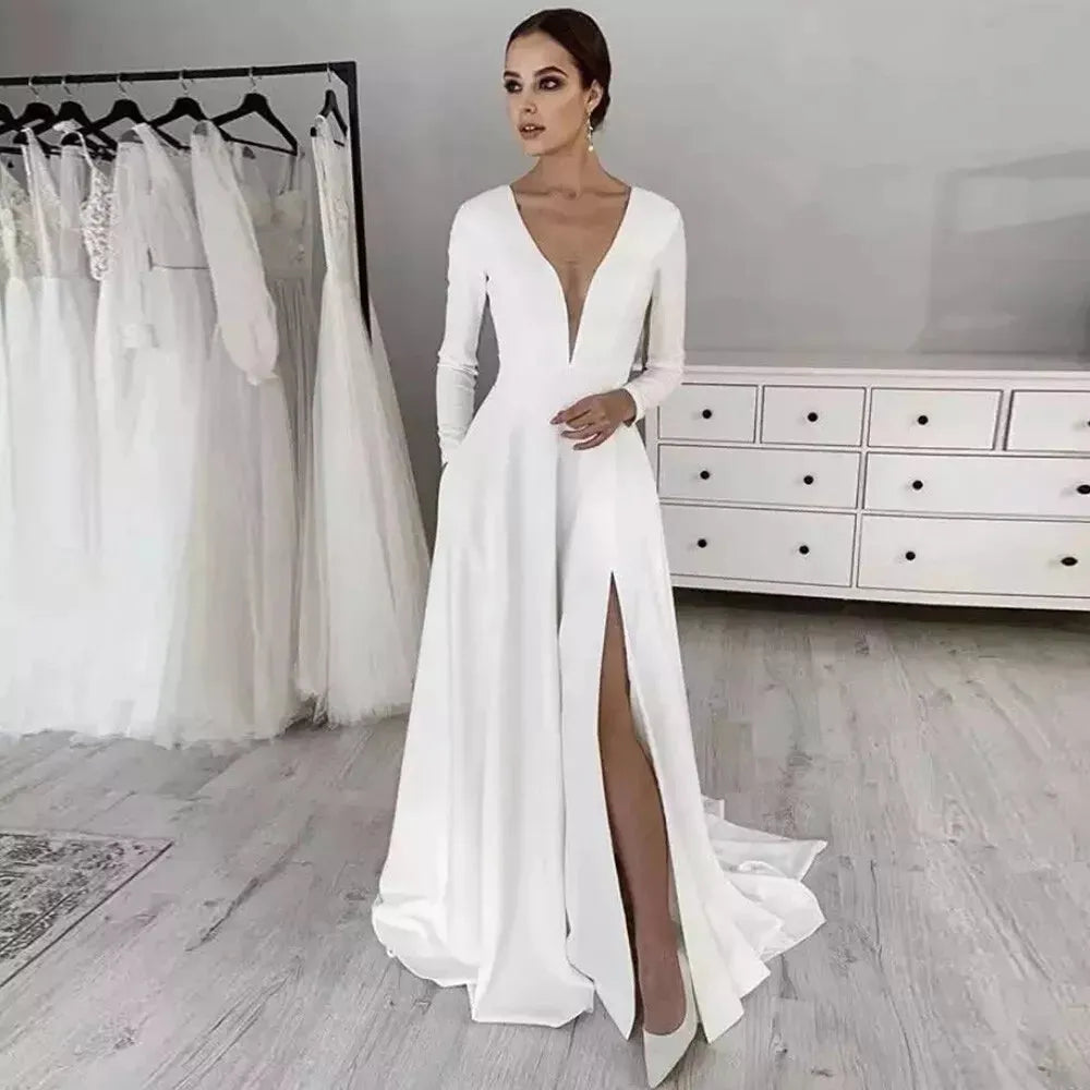 White Stretch Satin Wedding Dress платье Wedding Party Dress Long Sleeves Robe De Soiree свадебные платья 14w
