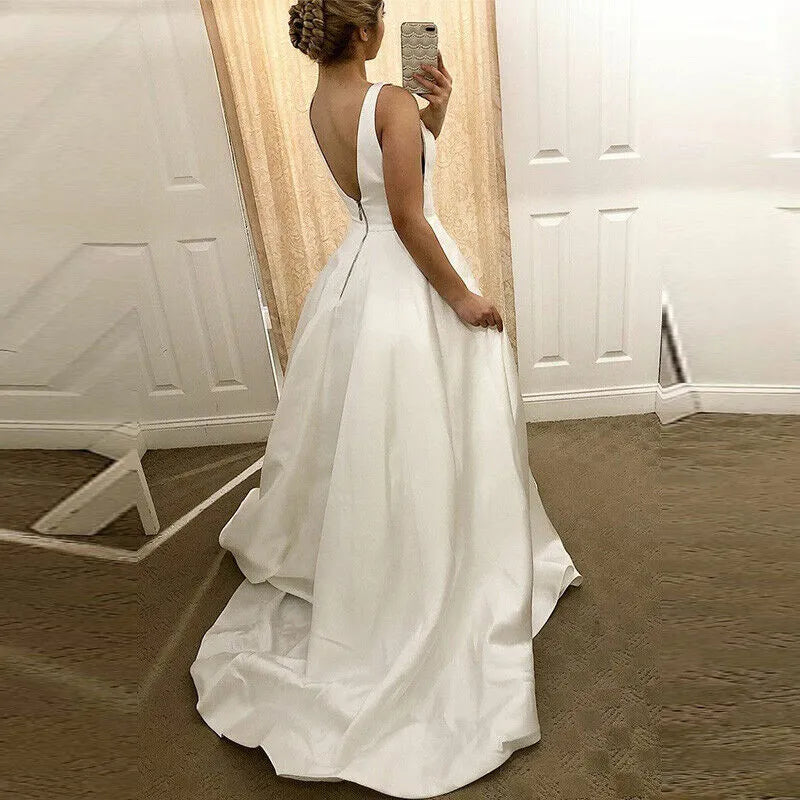 Plus Size Wedding Dress Satin Elegant A Line Floor Length Backless Bridal Gown Dresses