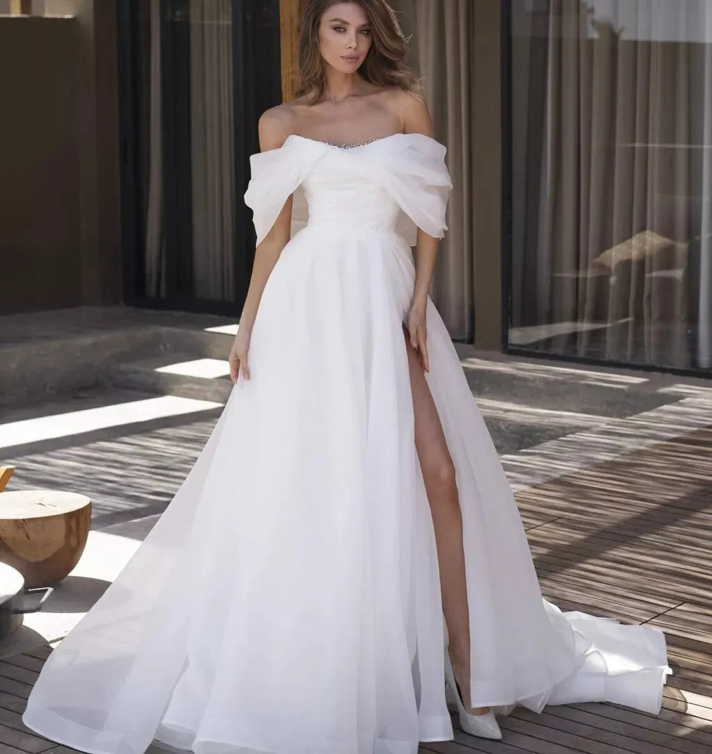 Simple Organza A-Line Wedding Dresses Off Shoulder Pleat Brides Dress High Side Slit Bridals Gowns for Women vestidos White