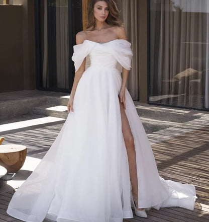 Vestidos de novia sencillos de Organza con corte en A, vestido de novia plisado con hombros descubiertos, vestidos de novia con abertura lateral alta para mujer