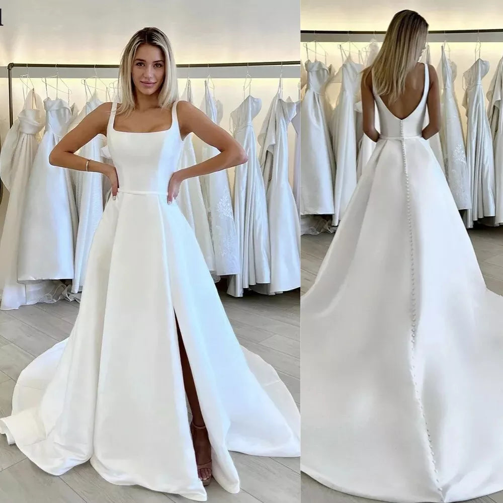 Sederhana Gaun Pengantin Gaun Spaghetti Tali Kerah Square Satin Backless Side Side Slit Gaun Pengantin Vestidos de Novia Custom Dibuat