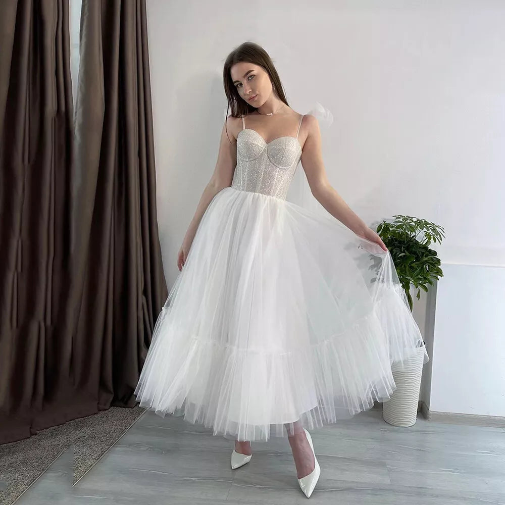 Shiny Short Wedding Party Dresses Sweetheart Spaghetti Strap Ruched Tulle Bridals Gowns Bride Evening Dress for Women