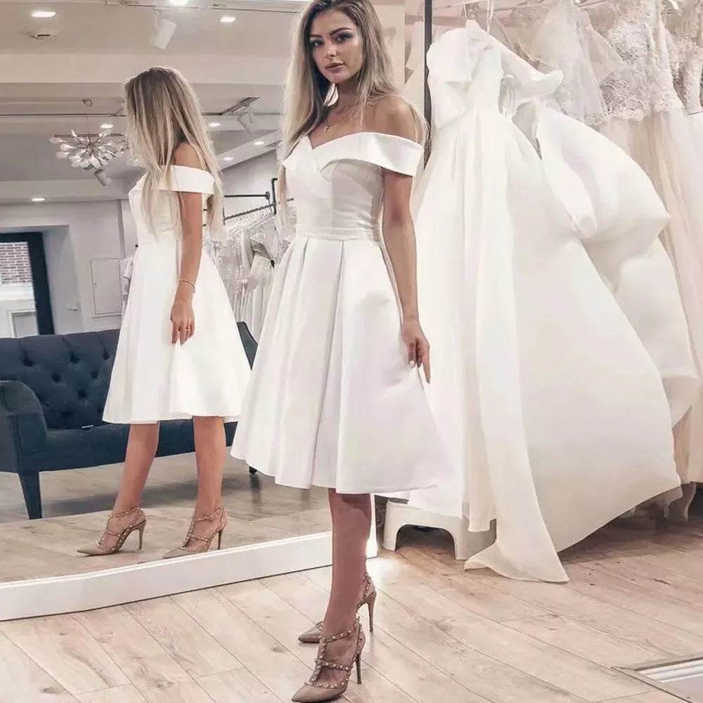Summer Off Shoulder Short Wedding Dress Simple Knee Length Satin Arrival Bride Dresses White Bridal Gowns