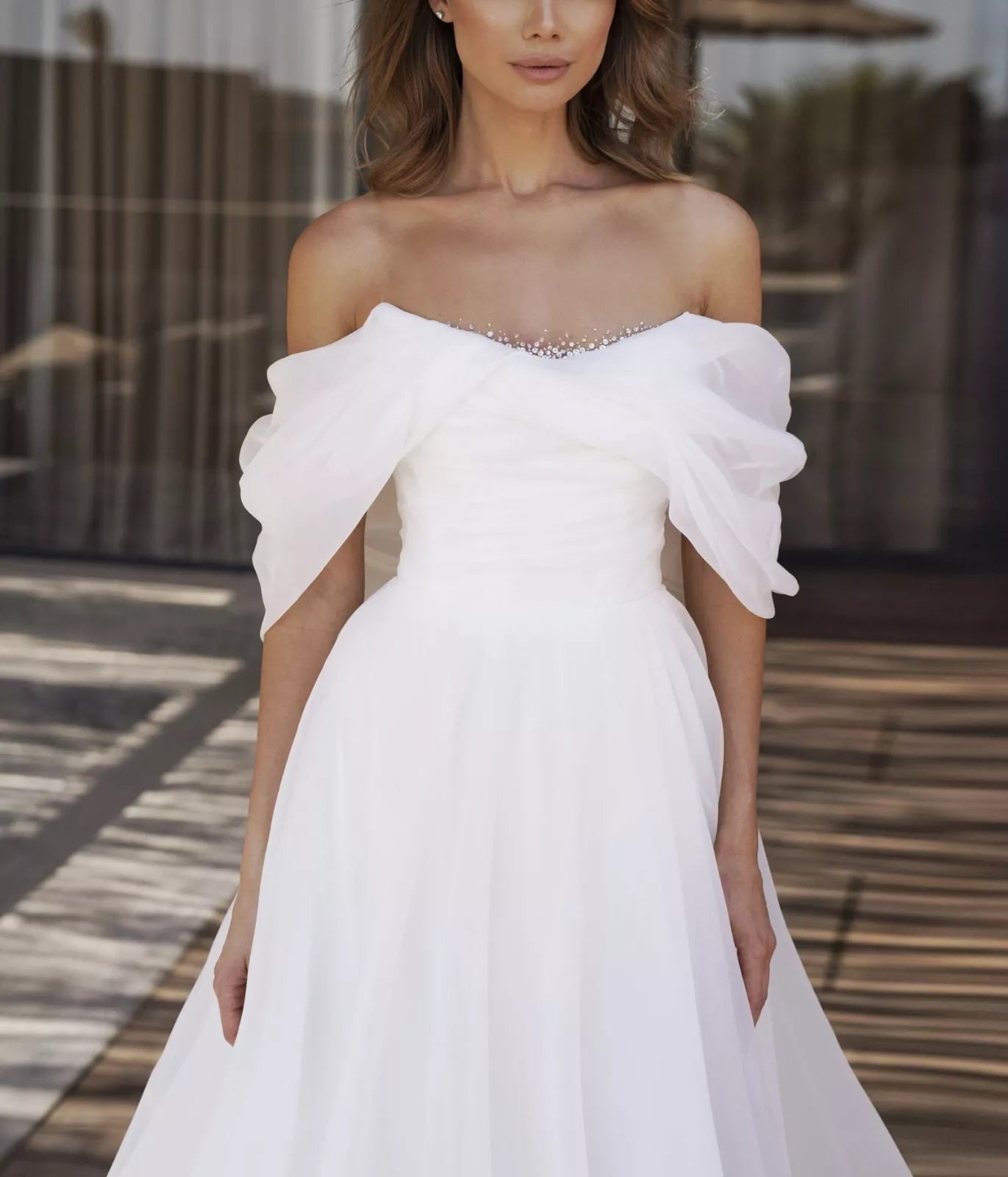 Simple Organza A-Line Wedding Dresses Off Shoulder Pleat Brides Dress High Side Slit Bridals Gowns for Women vestidos